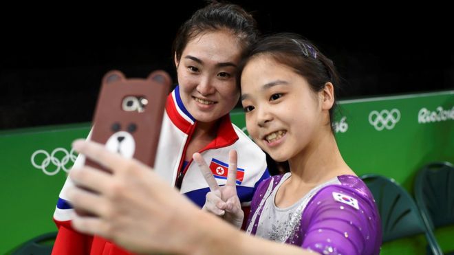 Sports Deplomacy! North and South Korean gymnast taking a selfie at the Olympics